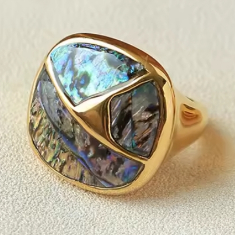 Abalone Shell Inlay Statement Ring – Gold Plated Mosaic Geometric Design | NWOT